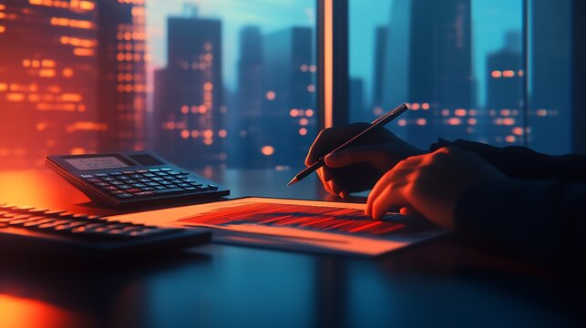 Corporate Professional Conducting Financial Analysis with City Backdrop : Generative AI