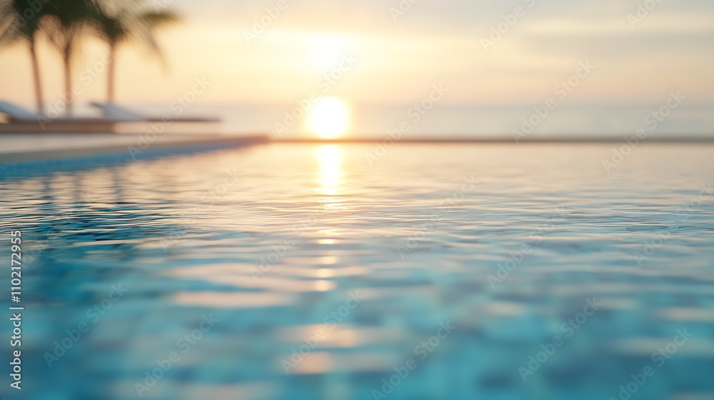 Aufkleber Idyllic sunset over smooth infinity pool with ocean and palm trees view : Generative AI