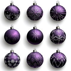 Obraz premium Festive purple Christmas balls with intricate snowflake designs