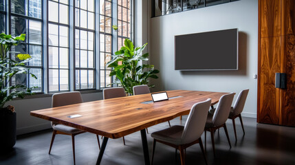 Stylish conference room featuring large wooden table, modern chairs, and greenery. space is bright with large windows and sleek design