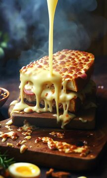Croque-monsieur, a traditional French sandwich consisting of cheese and ham.