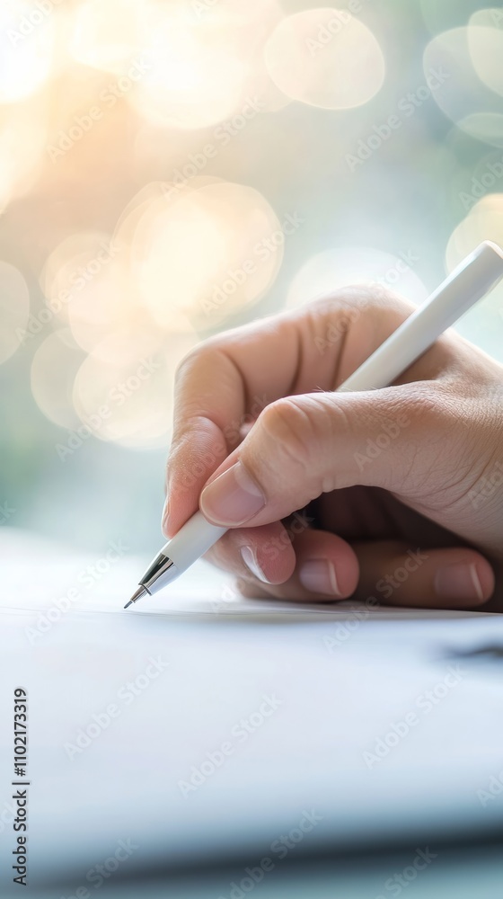 Poster Office worker diligently takes notes with a pen. Creating a busy workday scene in a corporate setting. The image conveys professionalism and dedication in finance. Accounting. Marketing. And sales