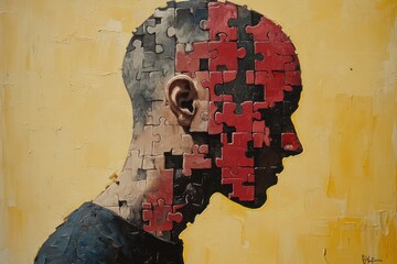 Fototapeta premium A portrait of a person with a puzzle piece face, symbolizing the complexities of the human mind.