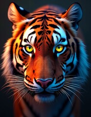 Obraz premium a pair of tiger eyes on ruby, red yellow green blue orange purple and white colors, ray, light, three-dimensional life, scattering leaves, flying leaves, lights