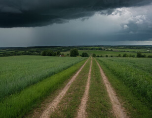 Obraz premium Endless rural road under dark, stormy clouds, cutting through green fields, symbolizing both tranquility and the power of nature