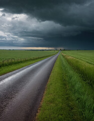 Naklejka premium Endless rural road under dark, stormy clouds, cutting through green fields, symbolizing both tranquility and the power of nature