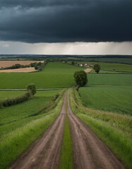 Fototapeta premium Endless rural road under dark, stormy clouds, cutting through green fields, symbolizing both tranquility and the power of nature