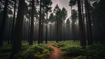 Obraz premium Tall pine trees evergreen forest outdoor path in the woods nature wallpaper background