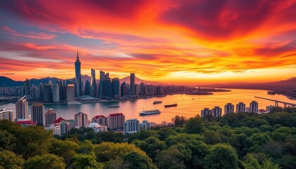 Fototapeta premium Vibrant sunrise over a cityscape with harbor and bridge.