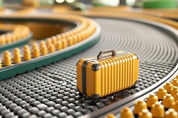 Suitcase on airport conveyor belt Yellow suitcase on a conveyor belt in a modern airport setting.