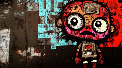 young boy character design with unique graffiti oil painting artful illustration with grungy texture, expressive funky 