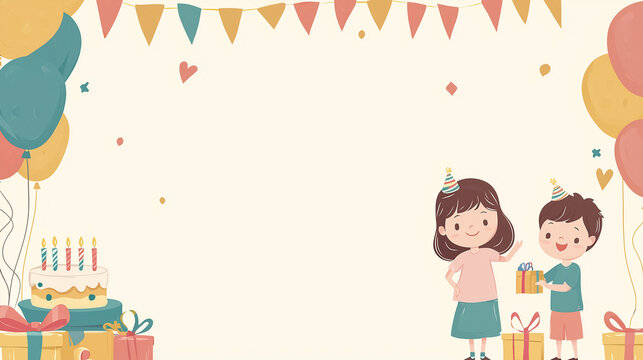Fr&ouml;hliche Illustration eines Kindergeburtstags mit Ballons, Geschenken und Geburtstagskuchen &ndash; perfekte Vorlage f&uuml;r Einladungen und Partydekoration