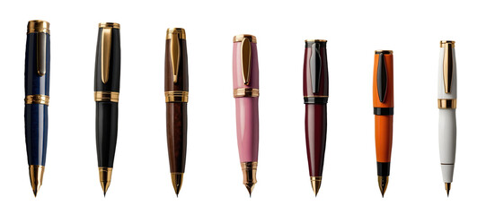 Set of various multicolour classic fountain pens with golden nibs isolated on transparent background. Generative AI
