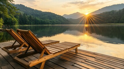 Naklejka premium Sunset Reflections: A Tranquil Lakeside Getaway