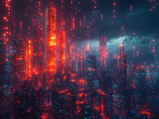 Fototapeta premium Futuristic Cityscape with Digital Graphs Representing the Growth and Trajectory of Tech Driven Businesses