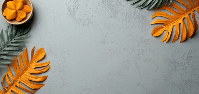 design style eclectic layout concept. A vibrant arrangement of orange leaves and a bowl of snacks on a textured gray background, creating a lively and tropical feel.