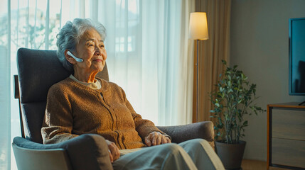 An elderly Asian woman sitting in an armchair wears a headset microphone to communicate