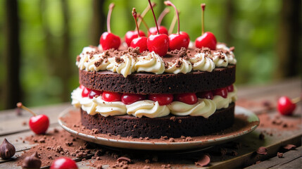 Delicious chocolate cake topped with fresh cherries in a natural outdoor setting