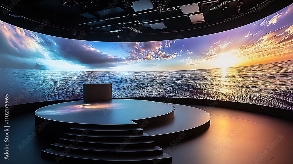 Poster immersive digital auditorium with panoramic ocean sunset view on curved screen : generative ai