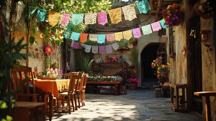Charming outdoor courtyard with colorful decorations and wooden furniture, a perfect spot for relaxation.