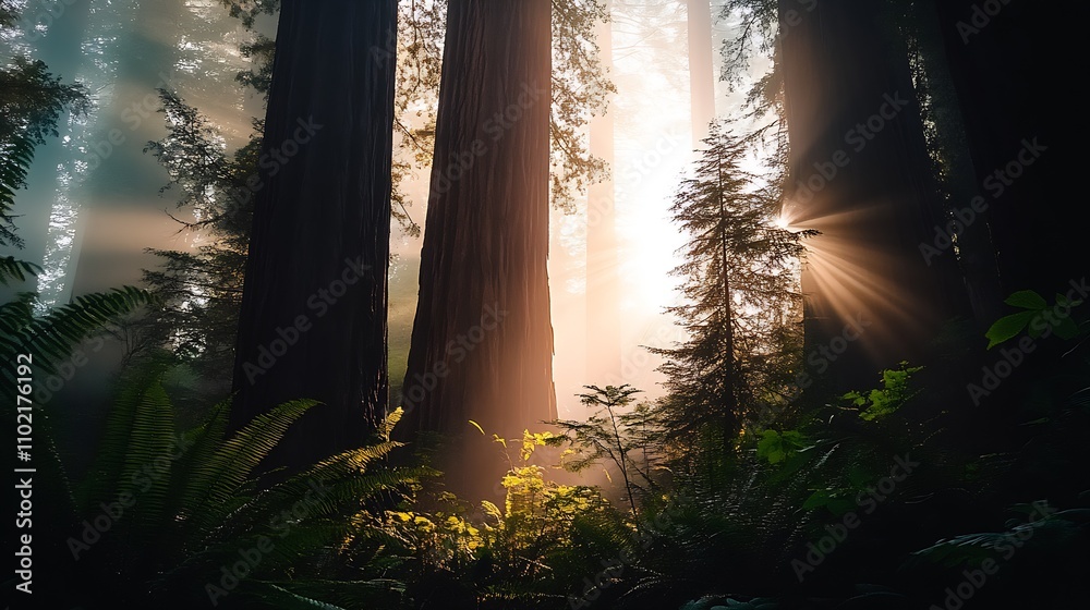Aufkleber serene redwood forest with sunlight streaming through towering tree canopy : generative ai