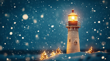 A lighthouse is lit up in the snow