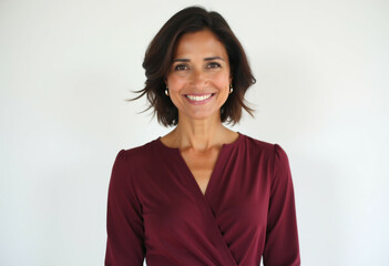 Smiling woman in maroon dress on white background.