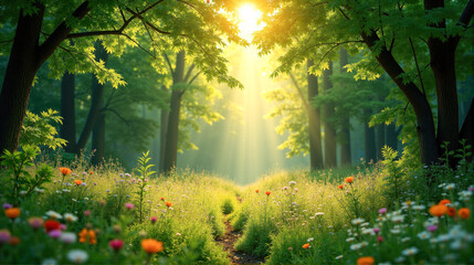 Obraz premium Sunlight filtering through trees in a vibrant forest meadow during early morning hours
