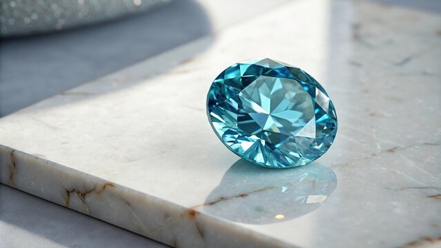 Natural blue zircon gemstone on a marble tabletop, zircon gemstone, gemology, blue zircon, marble table, mineral specimen