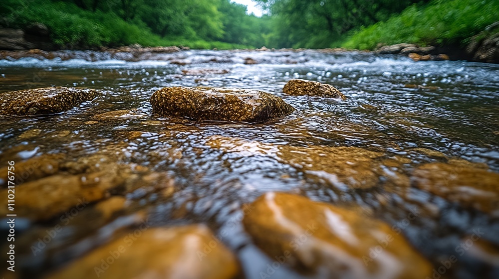 Poster serene shallow river with flowing water and smooth stones in lush green forest setting : generative 