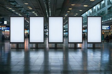 Five empty vertical posters mock-ups glowing with a LED neon light in an airport terminal; a group of blank banners templates in a corridor of a shopping mall; mockups of 5 indoor