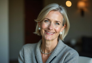 A smiling middle aged woman with blonde hair  wearing a grey cardigan and pearl earrings.