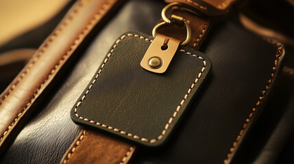 A leather bag with a tag on it