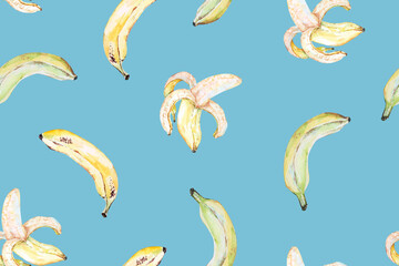 seamless pattern of banana on blue background.Tropical botanical fruit background.Suitable for designing fabric and wallpaper patterns.