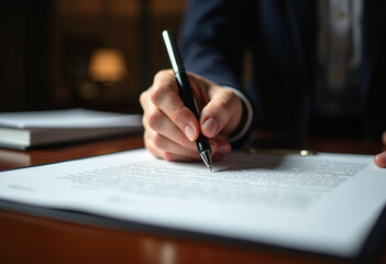 Close up of a person meticulously signing an important legal document with a pen.