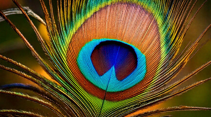 A close-up of a peacock feather, with intricate details and shimmering colors