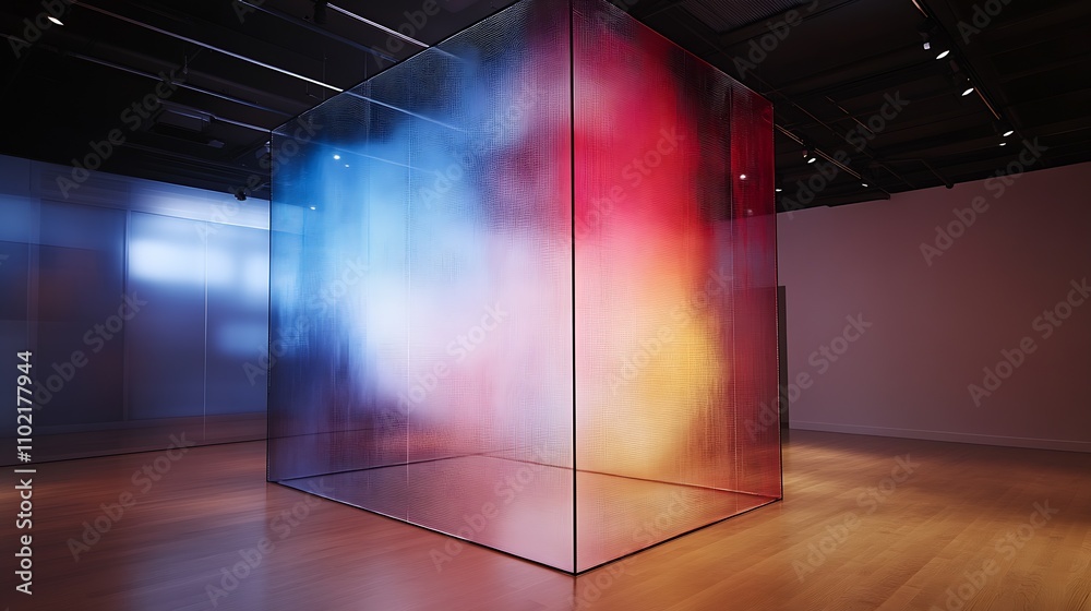 Poster Dynamic Glass Cube with Multicolored Lights in Artistic Gallery Setting with Modern Ambiance : Generative AI