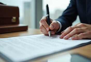 A person in a suit carefully signs an important legal document using a pen.
