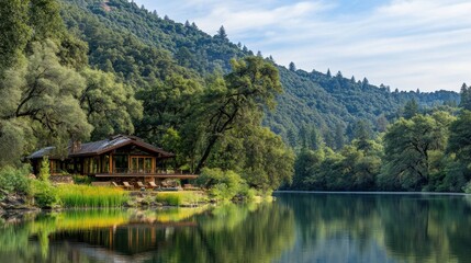 Naklejka premium Serene Mountain Lake Retreat with Wooden Cabin Reflection