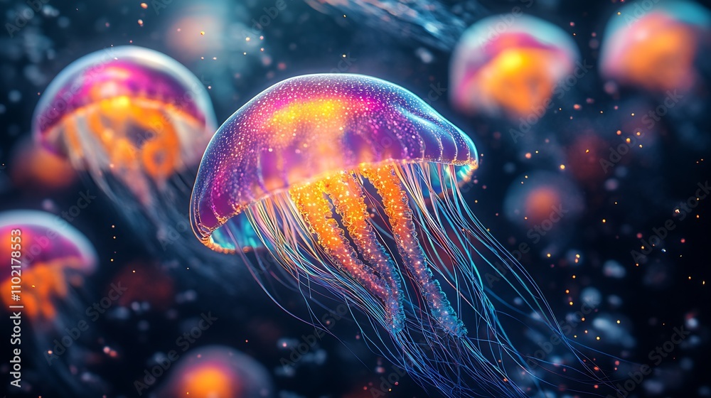 Poster Vibrant Glow of Jellyfish in the Ocean Depths with Soft Focus Bokeh : Generative AI