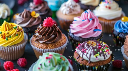 Assortment of decorated cupcakes with colorful frosting and toppings