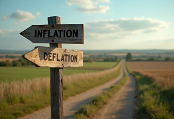 Economic choice between inflation and deflation symbolized by signpost.