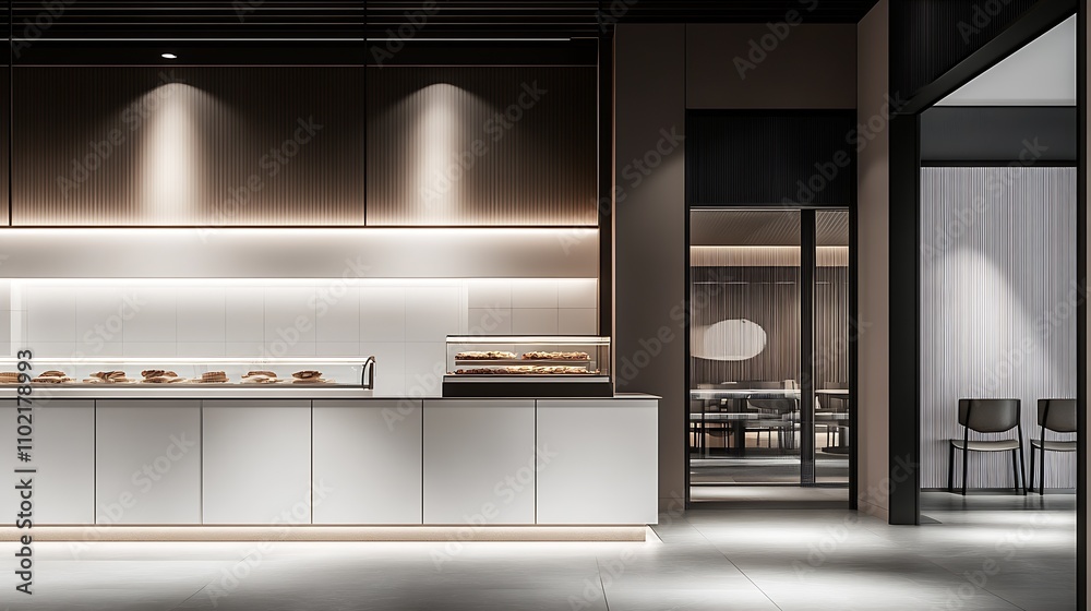 Poster Elegant Cafe Interior Design Featuring Modern Display Case and Ambient Lighting : Generative AI