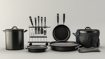 A complete set of black cookware, including pots, pans, utensils, and a carrying bag, arranged on a light gray background.