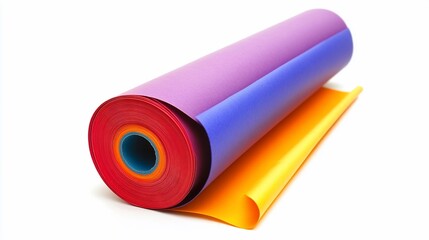 Rolled colorful paper sheets in purple, blue, orange, and red.