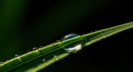 Obraz premium Serene dewdrop on verdant grass blade in morning light