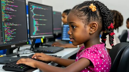 Young girl learns programming skills at a computer lab in a vibrant environment - Powered by Adobe