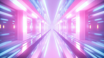 Vibrant corridor with symmetrical design and glowing light beams