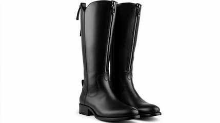 Pair of black leather tall boots with side zippers, on white background.
