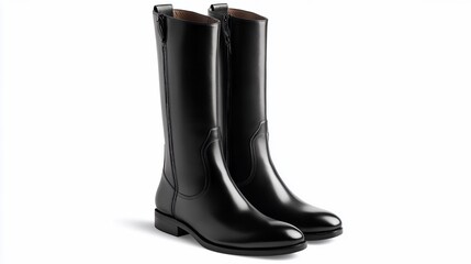 Pair of elegant black leather tall boots isolated on white background.